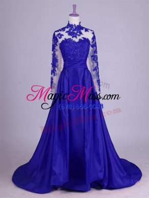 Royal Blue Mother of Groom Dress Taffeta Brush Train Sleeveless Lace and Appliques