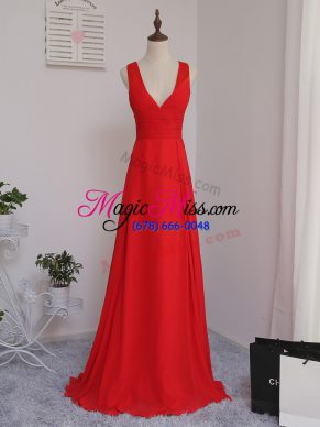 High Quality Floor Length Red Dama Dress V-neck Sleeveless Zipper