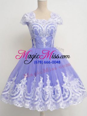 Dramatic Lace Bridesmaids Dress Lavender Zipper Cap Sleeves Knee Length