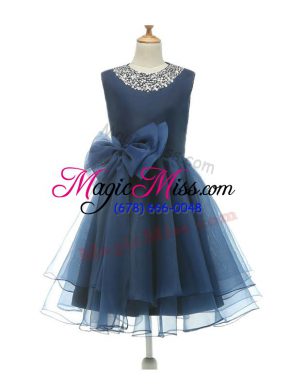 Knee Length Zipper Toddler Flower Girl Dress Navy Blue for Wedding Party with Beading and Bowknot