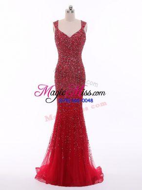 Red Zipper Formal Dresses Beading Sleeveless Floor Length