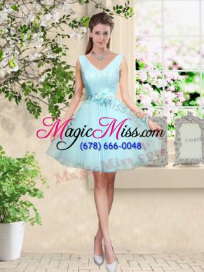 Unique Sleeveless Tulle Knee Length Lace Up Wedding Party Dress in Aqua Blue with Lace and Belt