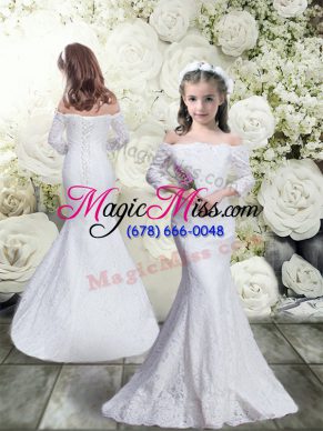 Edgy Floor Length Mermaid 3 4 Length Sleeve White Flower Girl Dresses Lace Up