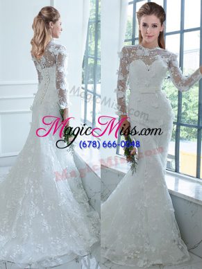 White Lace Lace Up Wedding Gowns Long Sleeves Brush Train Lace