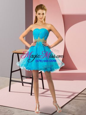 Baby Blue Tulle Zipper Sweetheart Sleeveless Mini Length Dress for Prom Beading and Ruching
