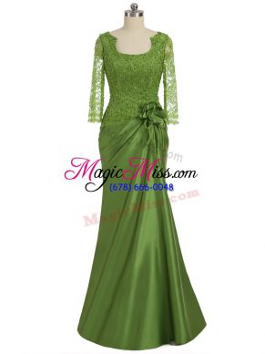 Floor Length Zipper Mother Of The Bride Dress Olive Green for Prom and Military Ball and Sweet 16 with Lace and Appliques and Hand Made Flower