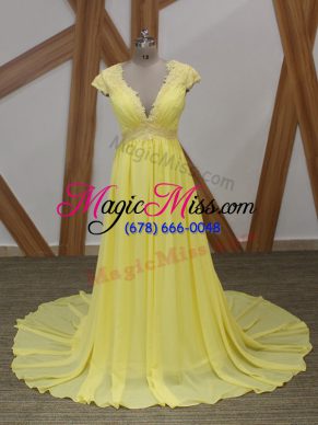Dramatic Yellow Short Sleeves Lace and Appliques Zipper Prom Party Dress