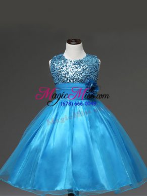 Luxurious Baby Blue Sleeveless Tulle Zipper Little Girl Pageant Dress for Wedding Party