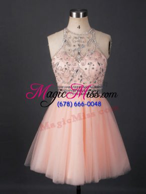 High Class Peach A-line Scoop Sleeveless Tulle Mini Length Lace Up Beading Homecoming Dress