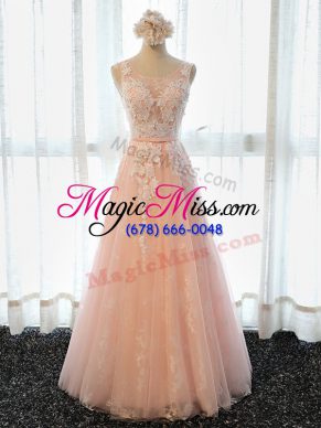 Cute Peach A-line Tulle Scoop Sleeveless Appliques Floor Length Lace Up Prom Gown