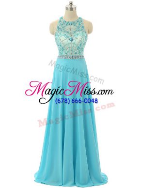 High Quality Beading Evening Dress Aqua Blue Zipper Sleeveless Floor Length
