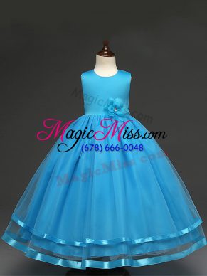 Superior Baby Blue Tulle Zipper Flower Girl Dress Sleeveless Floor Length Hand Made Flower