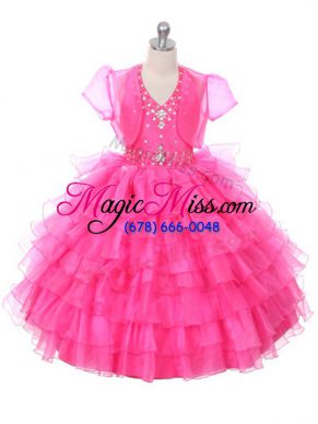 Elegant Hot Pink Lace Up Kids Pageant Dress Beading and Ruffled Layers Sleeveless Floor Length