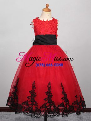Latest Tulle Bateau Sleeveless Lace Up Appliques Little Girls Pageant Dress Wholesale in Red