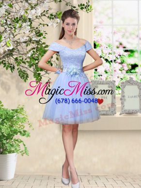 Gorgeous Cap Sleeves Tulle Knee Length Lace Up Vestidos de Damas in Lavender with Lace and Belt