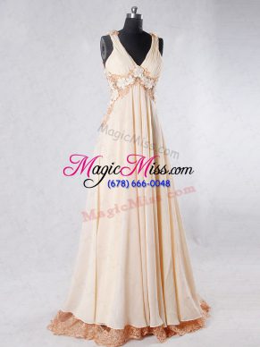 Trendy Sleeveless Sweep Train Backless Beading and Lace and Hand Made Flower Evening Dress
