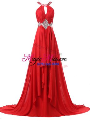 Luxury Red Halter Top Lace Up Beading and Ruching Evening Gowns Brush Train Sleeveless