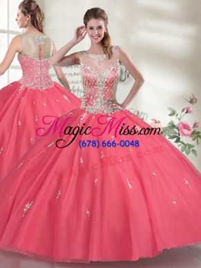 Floor Length Hot Pink 15th Birthday Dress Organza Sleeveless Beading