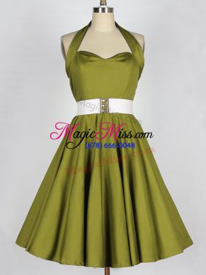 Olive Green A-line Halter Top Sleeveless Taffeta Knee Length Lace Up Belt Bridesmaid Dress