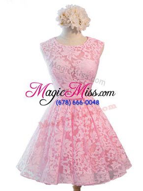 Baby Pink Lace Lace Up Scoop Sleeveless Knee Length Wedding Guest Dresses Belt