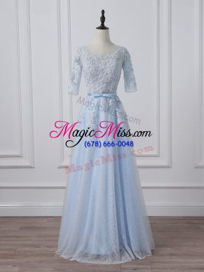 Simple Lace Up Mother Of The Bride Dress Light Blue for Prom and Party and Sweet 16 with Beading and Lace and Appliques