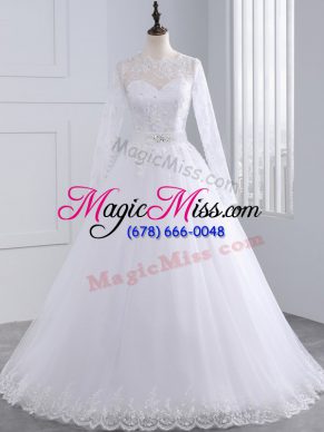 Long Sleeves Brush Train Lace and Appliques Zipper Wedding Dresses