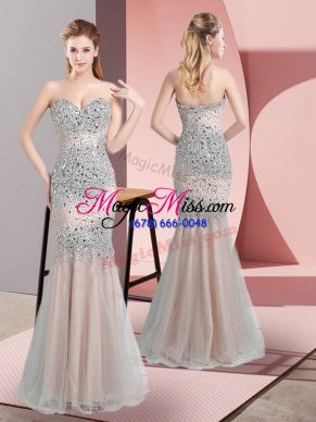 Sweetheart Sleeveless Prom Evening Gown Floor Length Beading Champagne Tulle