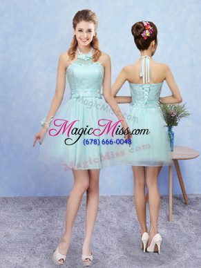 Modern Aqua Blue A-line Tulle Halter Top Sleeveless Lace Mini Length Lace Up Bridesmaid Dresses