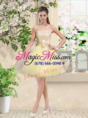 Light Yellow Lace Up Bridesmaid Dress Lace and Belt Sleeveless Knee Length