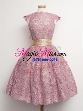 Lace High-neck Cap Sleeves Lace Up Belt Quinceanera Court of Honor Dress in Peach