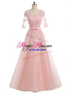 Sweet Pink Zipper Dress for Prom Lace and Appliques Short Sleeves Floor Length