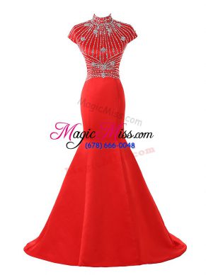 Satin Halter Top Short Sleeves Sweep Train Zipper Beading Formal Dresses in Coral Red