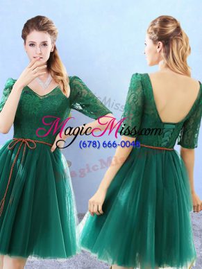 Knee Length Green Bridesmaid Dresses Tulle Half Sleeves Lace