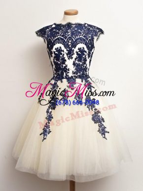 Mini Length Lace Up Dama Dress for Quinceanera Blue And White for Prom and Party and Wedding Party with Appliques