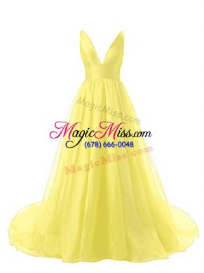 Dramatic Yellow Prom Party Dress V-neck Sleeveless Brush Train Backless