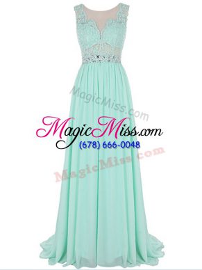 Dramatic Apple Green Chiffon Backless Scalloped Sleeveless Evening Party Dresses Brush Train Beading and Lace and Appliques