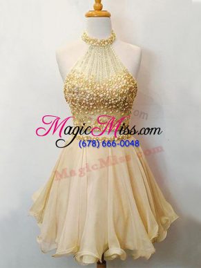 Champagne Two Pieces Organza Halter Top Sleeveless Beading Knee Length Lace Up Wedding Party Dress