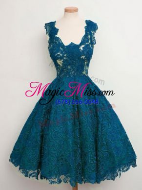 Latest Teal A-line Straps Sleeveless Lace Knee Length Lace Up Lace Court Dresses for Sweet 16
