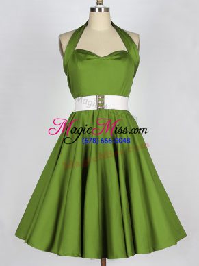 Perfect Halter Top Sleeveless Lace Up Bridesmaid Dresses Olive Green Taffeta