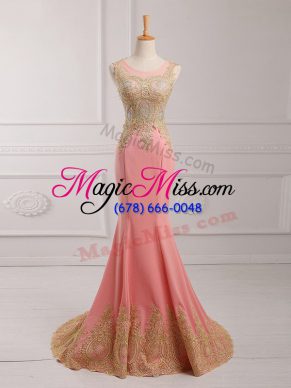 Watermelon Red Sleeveless Brush Train Lace and Appliques Formal Dresses