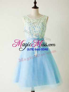 Fantastic Light Blue A-line Tulle Scoop Sleeveless Lace Knee Length Lace Up Bridesmaid Dress