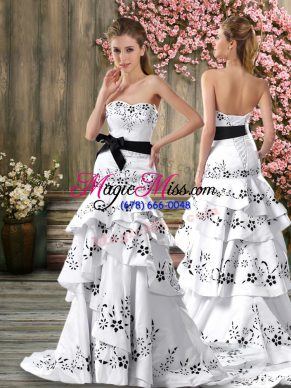 Ideal White Bridal Gown Prom and Party with Embroidery and Sashes ribbons Sweetheart Sleeveless Sweep Train Backless