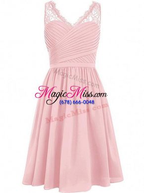 Custom Designed Sleeveless Knee Length Lace and Ruching Side Zipper Bridesmaid Gown with Pink