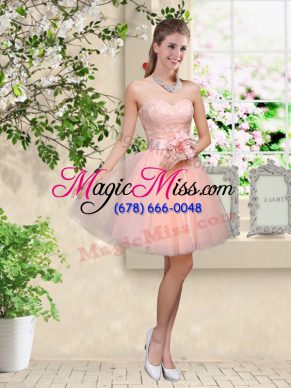 Peach A-line Lace and Belt Wedding Guest Dresses Lace Up Tulle Sleeveless Knee Length