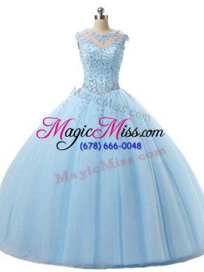 Pretty Sleeveless Tulle Floor Length Lace Up Quinceanera Gown in Light Blue with Beading and Lace