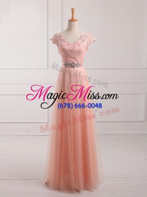 Excellent Tulle and Lace V-neck Short Sleeves Lace Up Beading and Lace and Appliques Mother Of The Bride Dress in Peach
