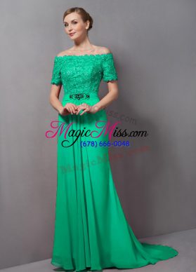 Green Zipper Mother of the Bride Dress Lace Short Sleeves Sweep Train
