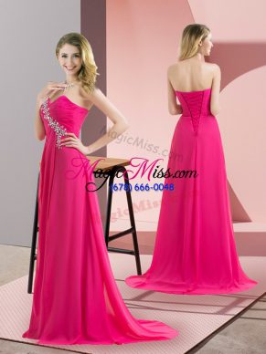 Hot Sale Hot Pink Sleeveless Beading Floor Length Dress for Prom