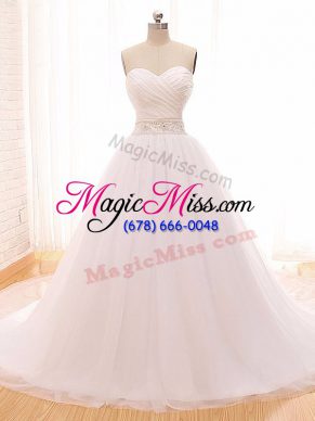 Shining White Ball Gowns Sweetheart Sleeveless Tulle Clasp Handle Beading and Ruching Bridal Gown