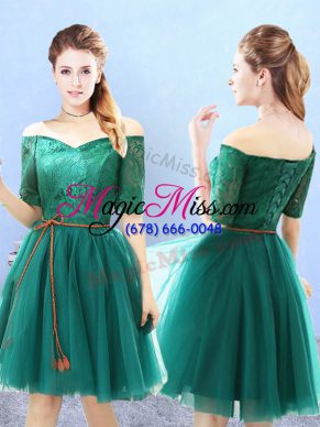 Knee Length A-line Half Sleeves Green Bridesmaid Dresses Lace Up